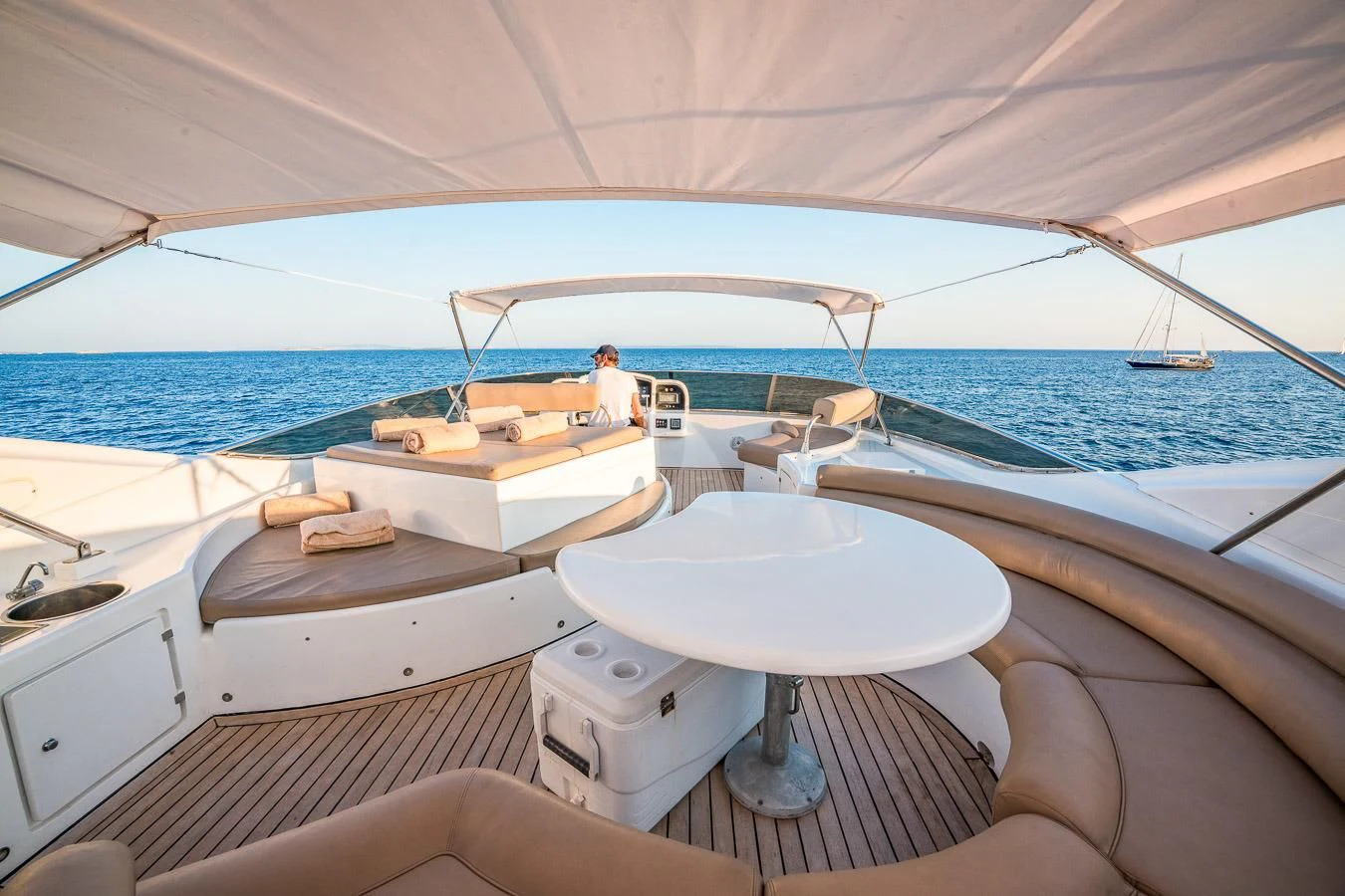 a boat with a sink and a couple of people in it aboard NEPHENTA PRIMERO Yacht for Sale