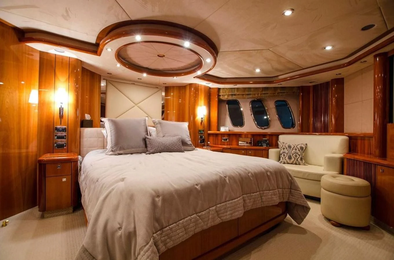 a large bedroom with a large bed aboard SAMARA Yacht for Sale