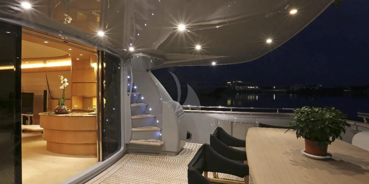 a large room with a large glass display case and a table with chairs aboard IF Yacht for Sale