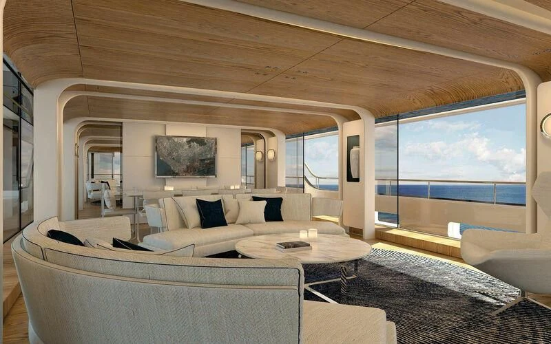 a large living room with a large window aboard EH2 Yacht for Sale