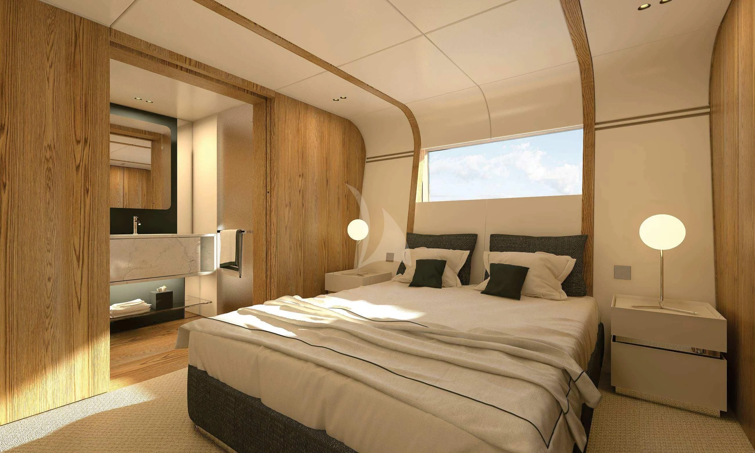 a bedroom with a bed and a window aboard EH2 Yacht for Sale
