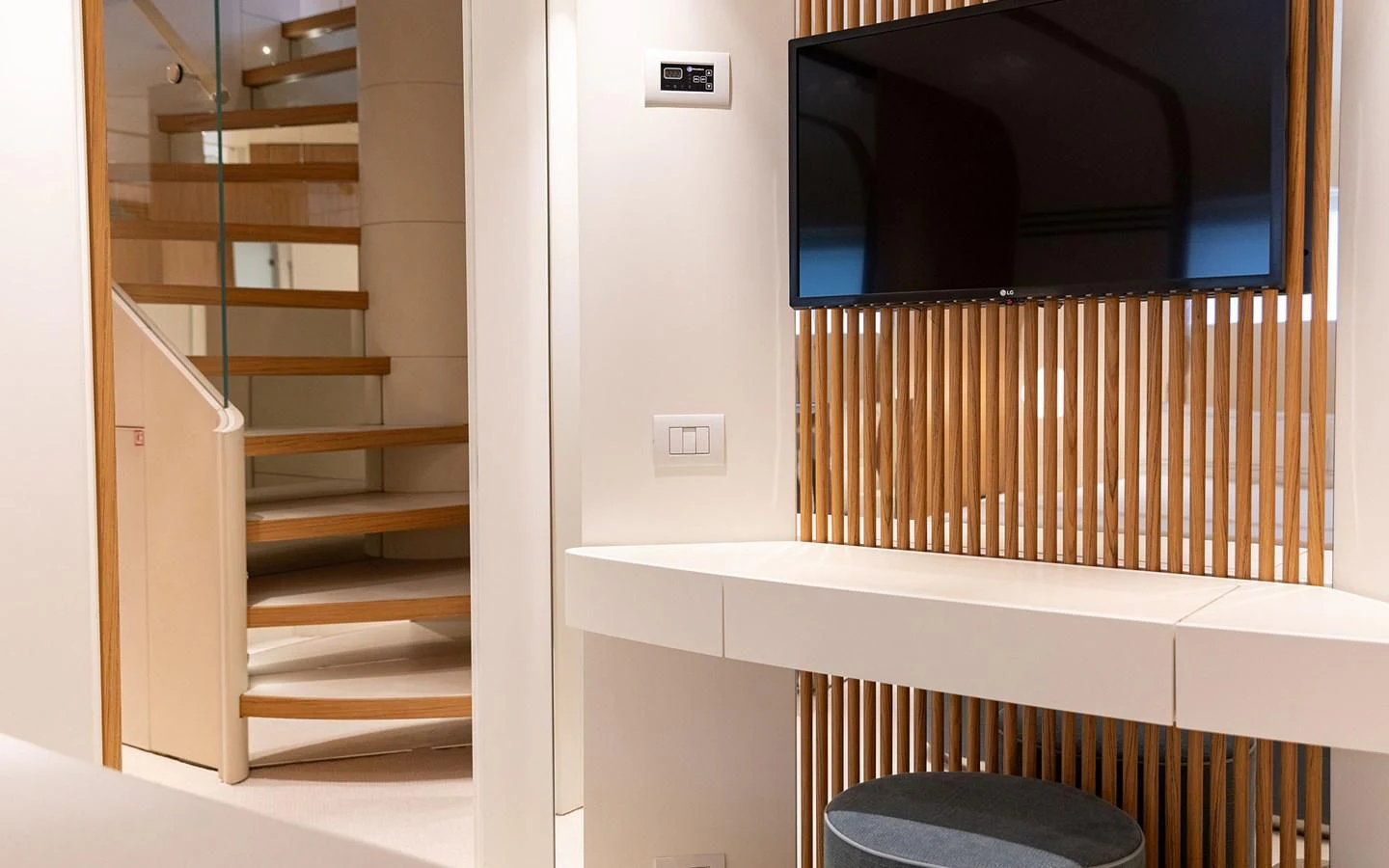 a white shelf with a black object on it aboard EH2 Yacht for Sale