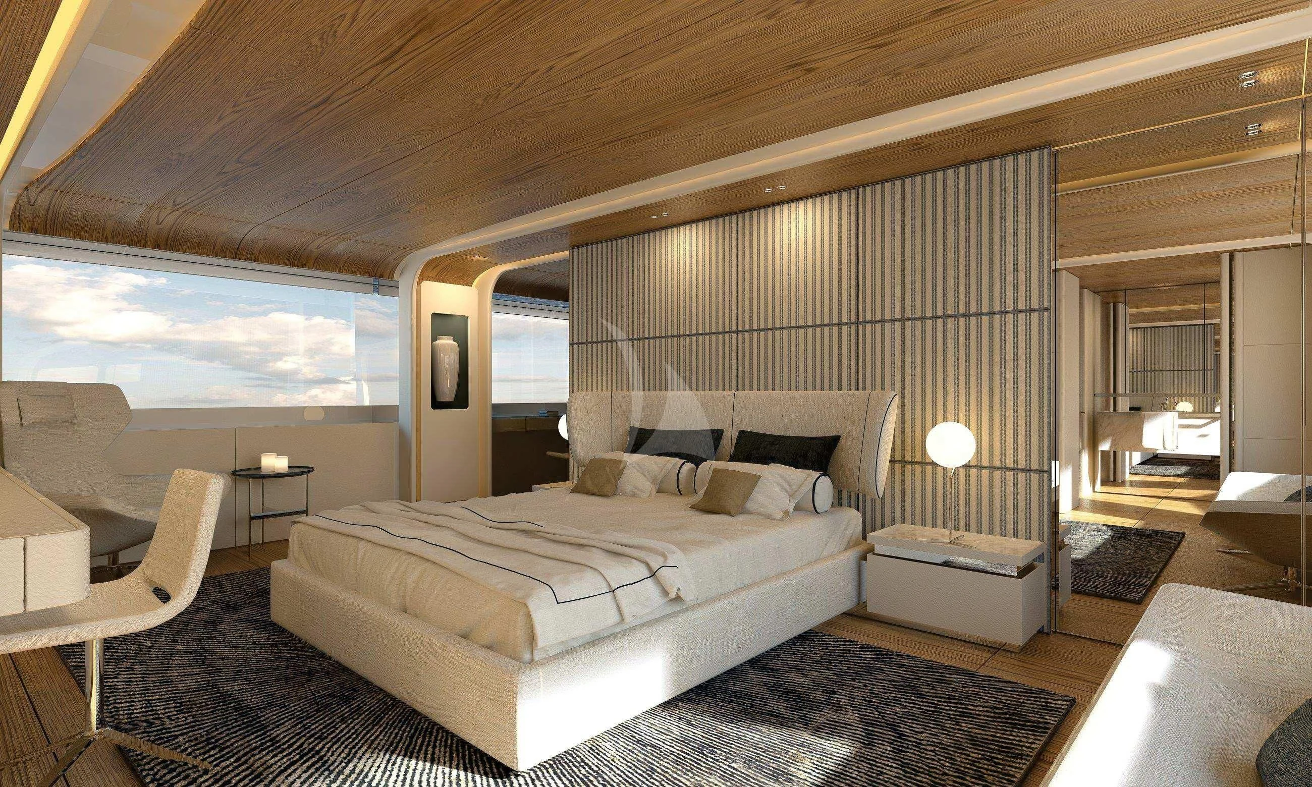 a large bedroom with a large bed aboard EH2 Yacht for Sale