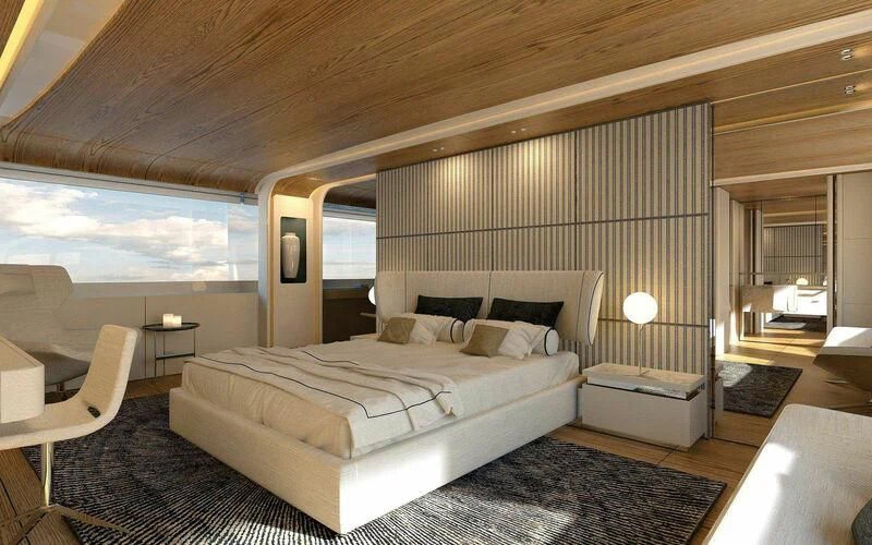 a large bedroom with a large bed aboard EH2 Yacht for Sale