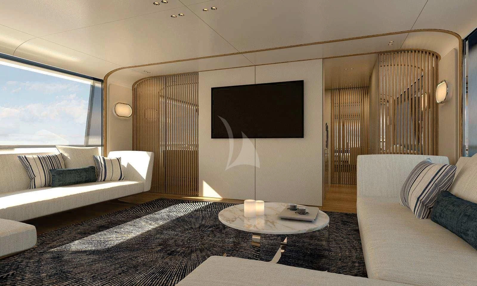 a living room with a large television aboard EH2 Yacht for Sale