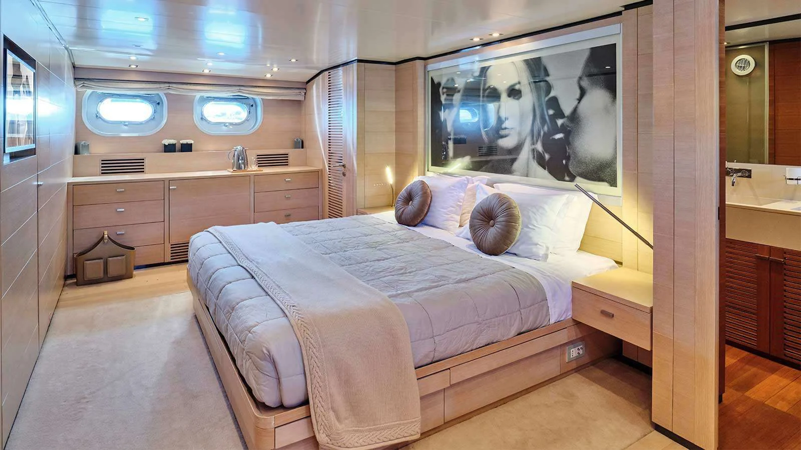 a bed in a room aboard AMICI PER SEMPRE Yacht for Charter