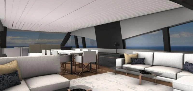 a living room with a large window aboard MANDA S09 Yacht for Sale