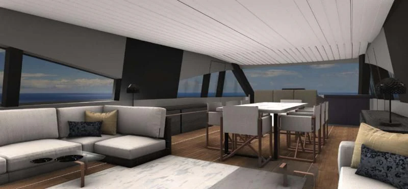 a living room with a large white sofa and a large screen aboard MANDA S09 Yacht for Sale