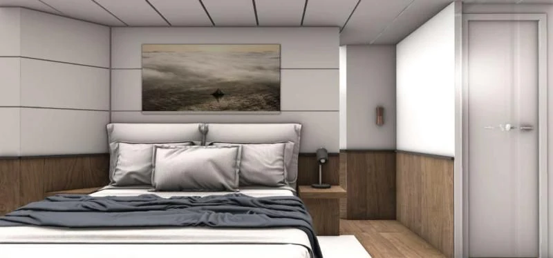 a bed with a black comforter aboard MANDA S09 Yacht for Sale