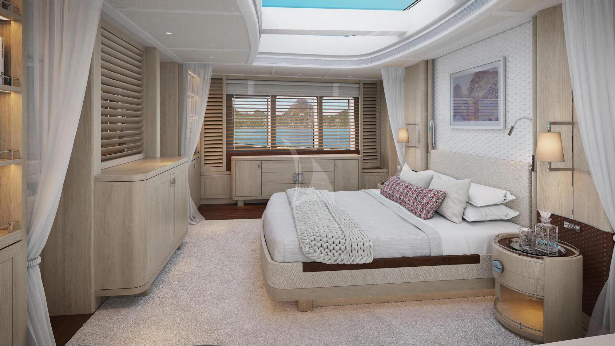 a bedroom with a large bed aboard CALYPSO I Yacht for Charter