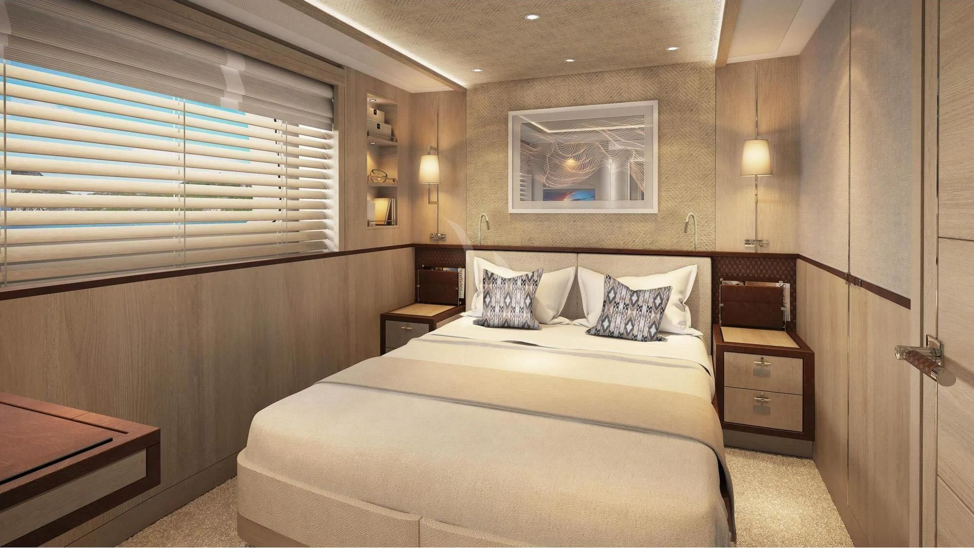 a bedroom with a bed and a window aboard CALYPSO I Yacht for Charter