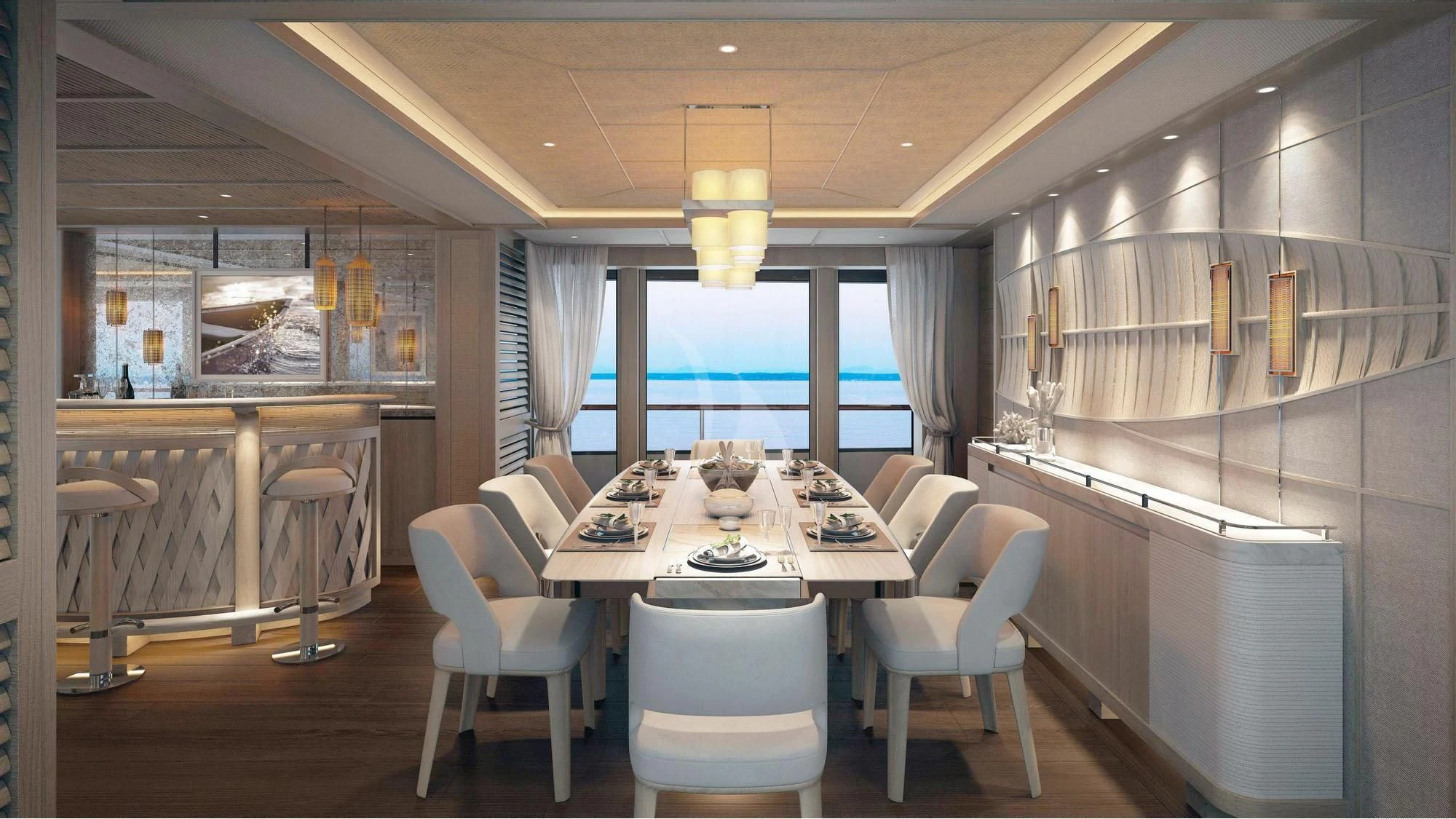 a room with a table chairs and a window aboard CALYPSO I Yacht for Charter