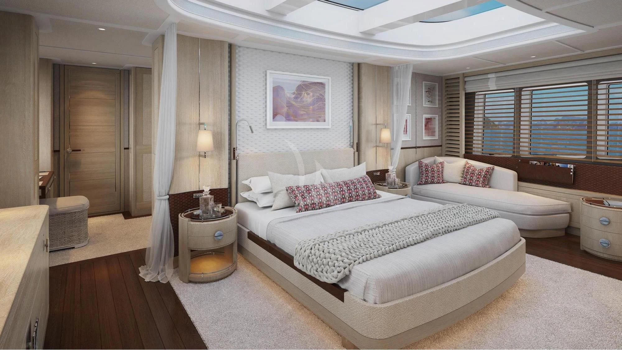 a large bedroom with a bed and a large window aboard CALYPSO I Yacht for Charter