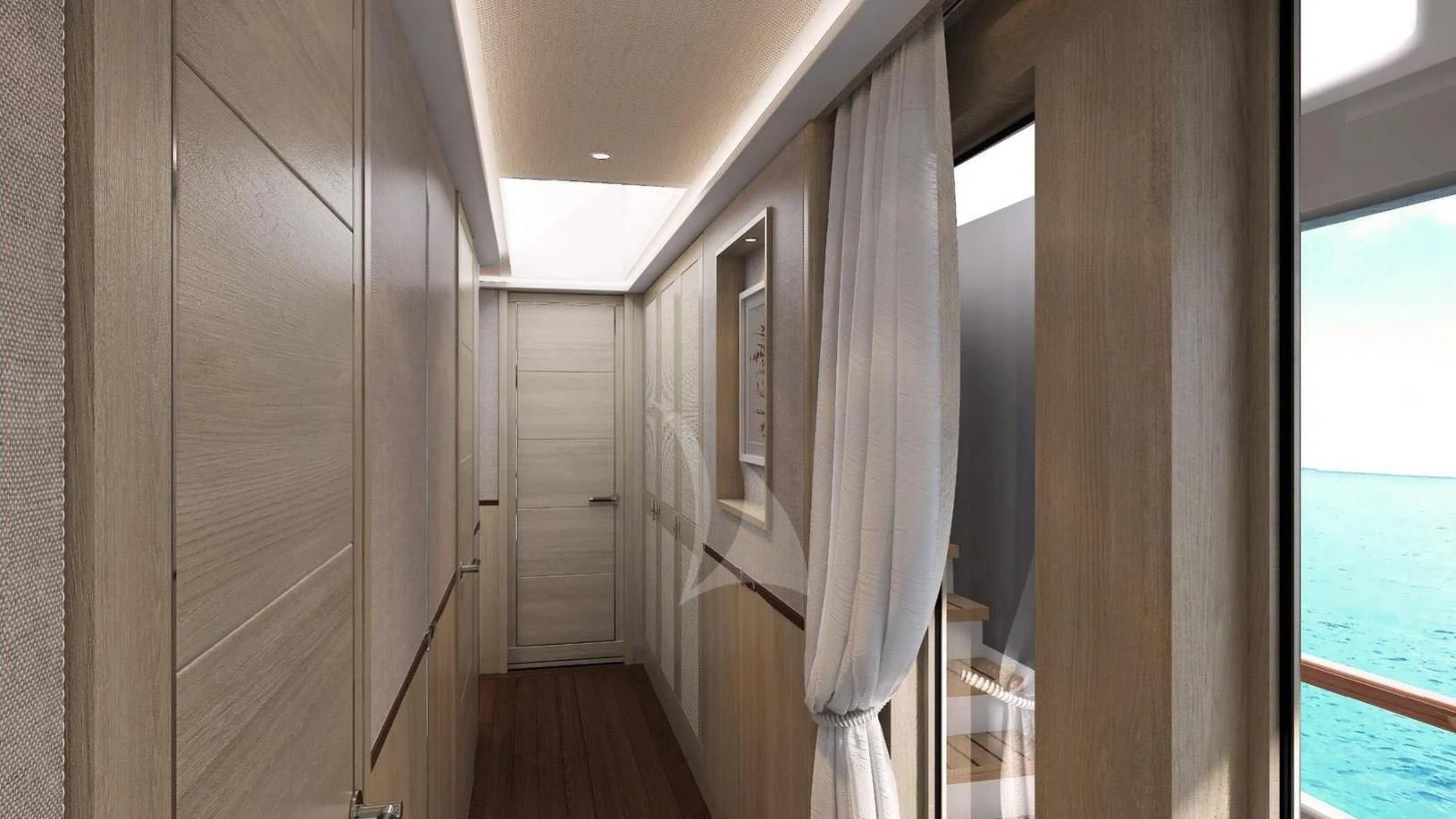 a hallway with a door and a window aboard CALYPSO I Yacht for Charter