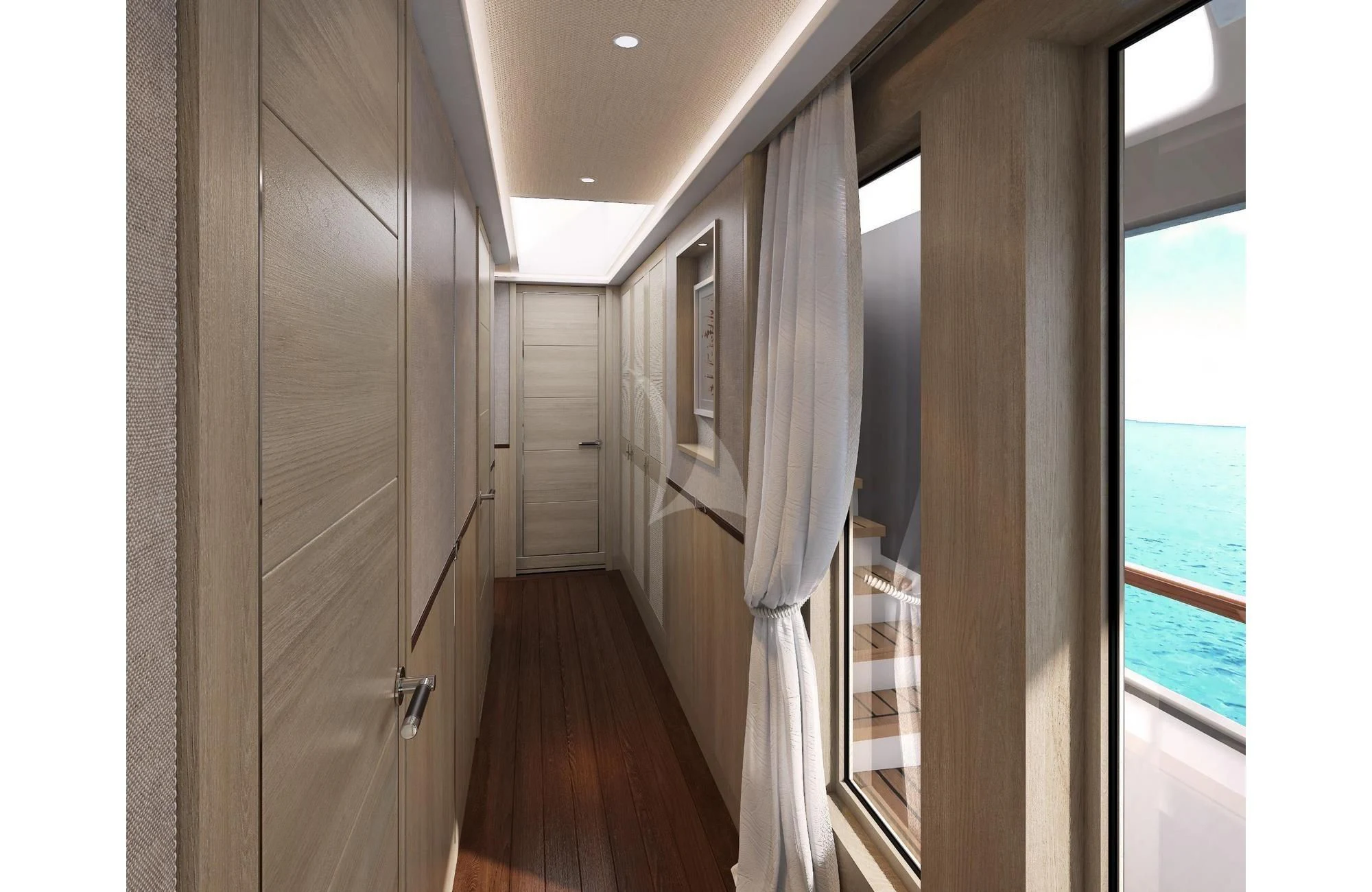 a hallway with white curtains aboard CALYPSO I Yacht for Charter