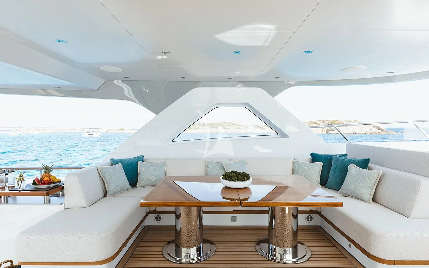 a living room with a large white tent aboard CALYPSO I Yacht for Charter
