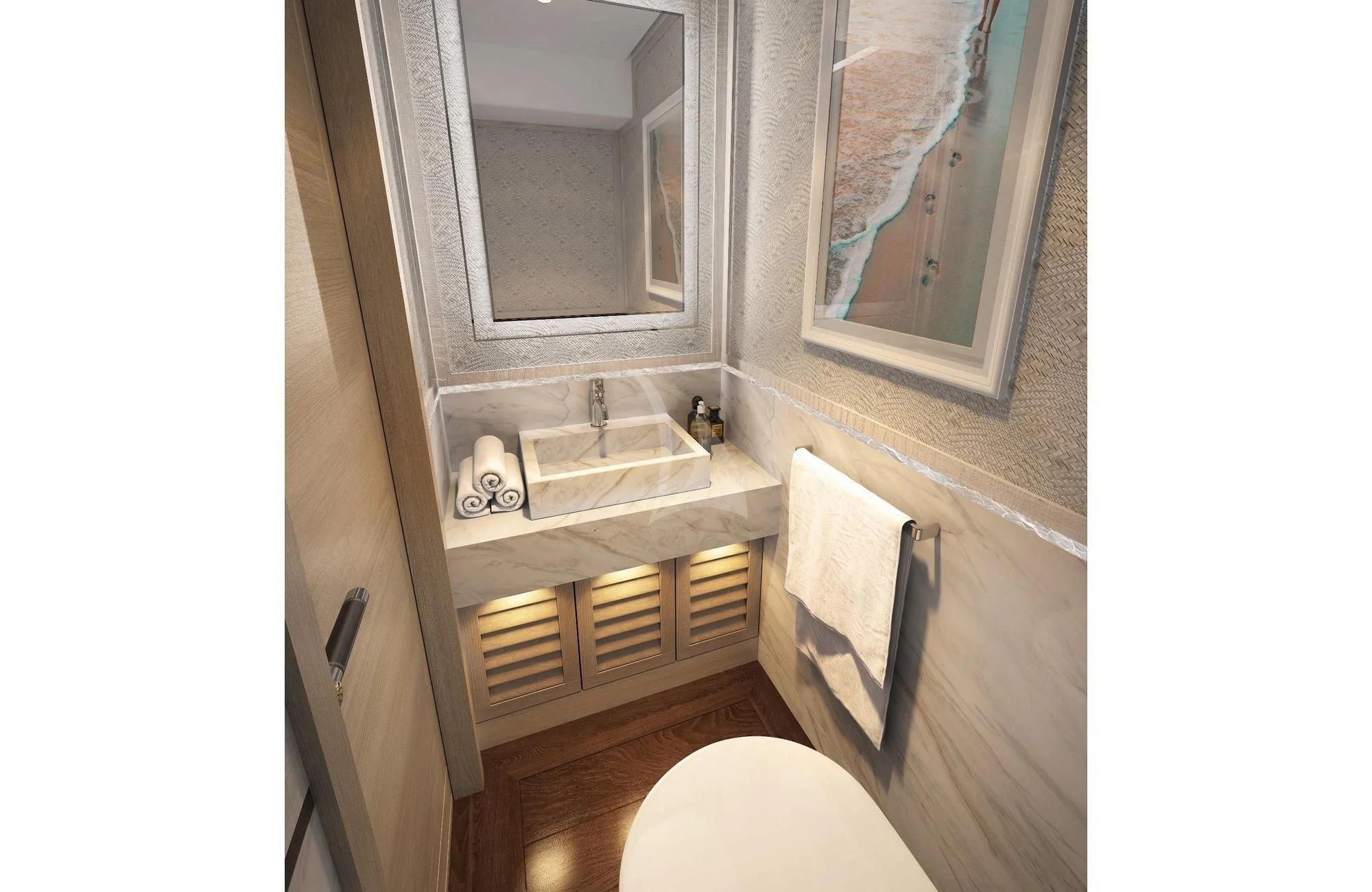 a bathroom with a sink and a mirror aboard CALYPSO I Yacht for Charter