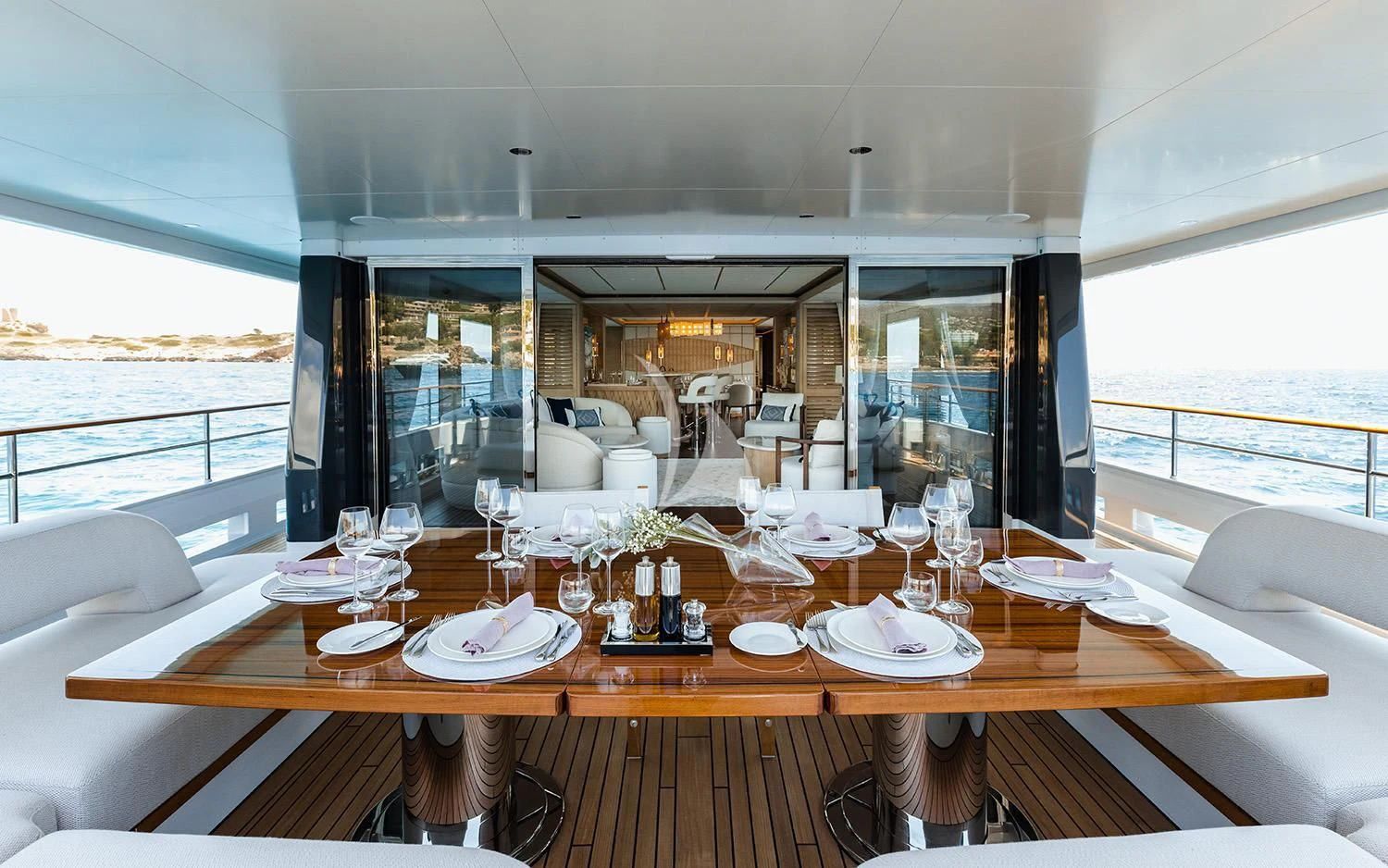 a table set for a dinner aboard CALYPSO I Yacht for Charter