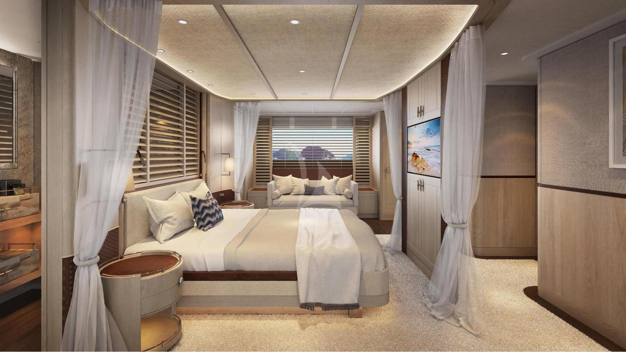 a bedroom with a large bed aboard CALYPSO I Yacht for Charter