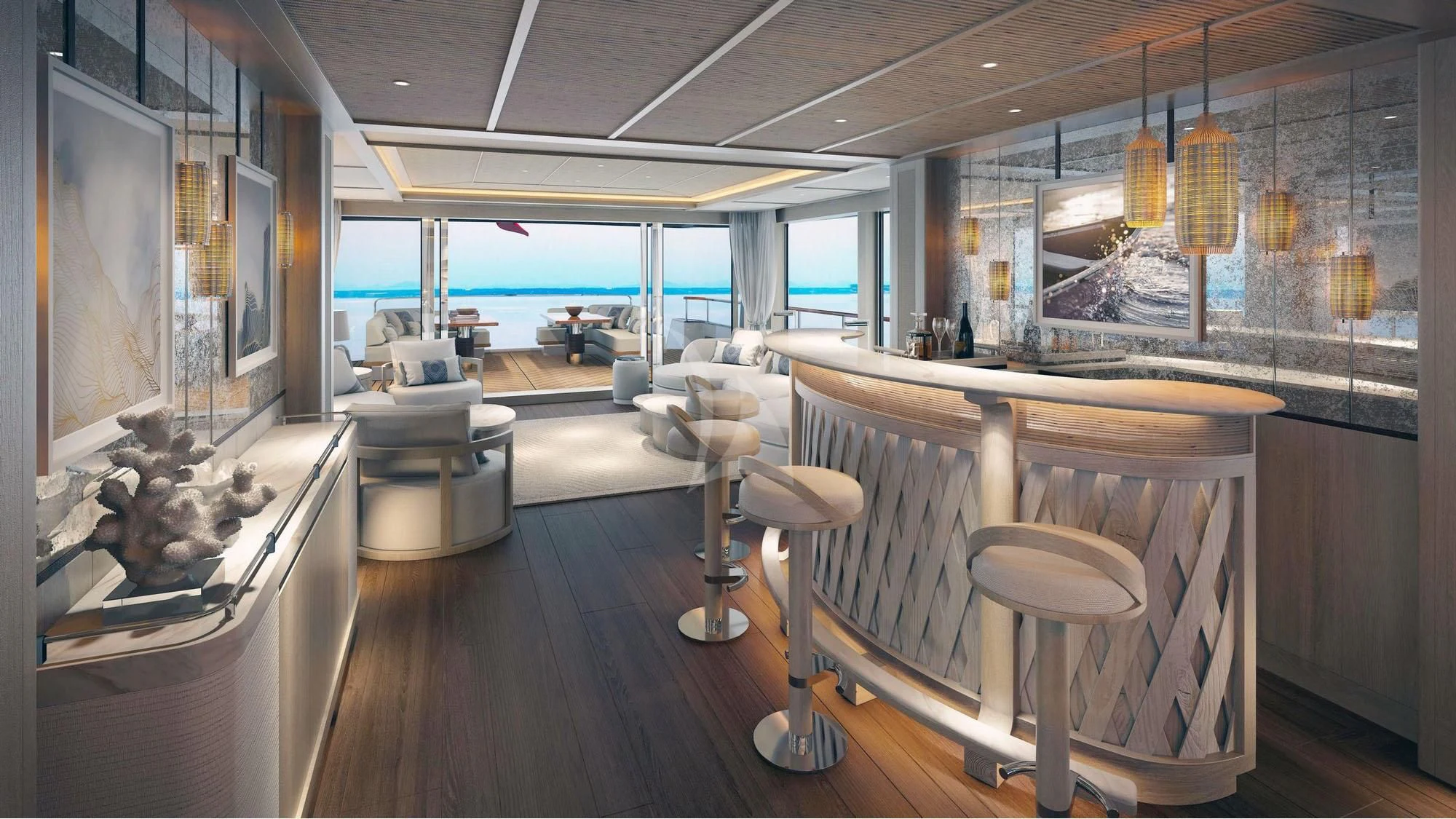 a room with tables and chairs aboard CALYPSO I Yacht for Charter