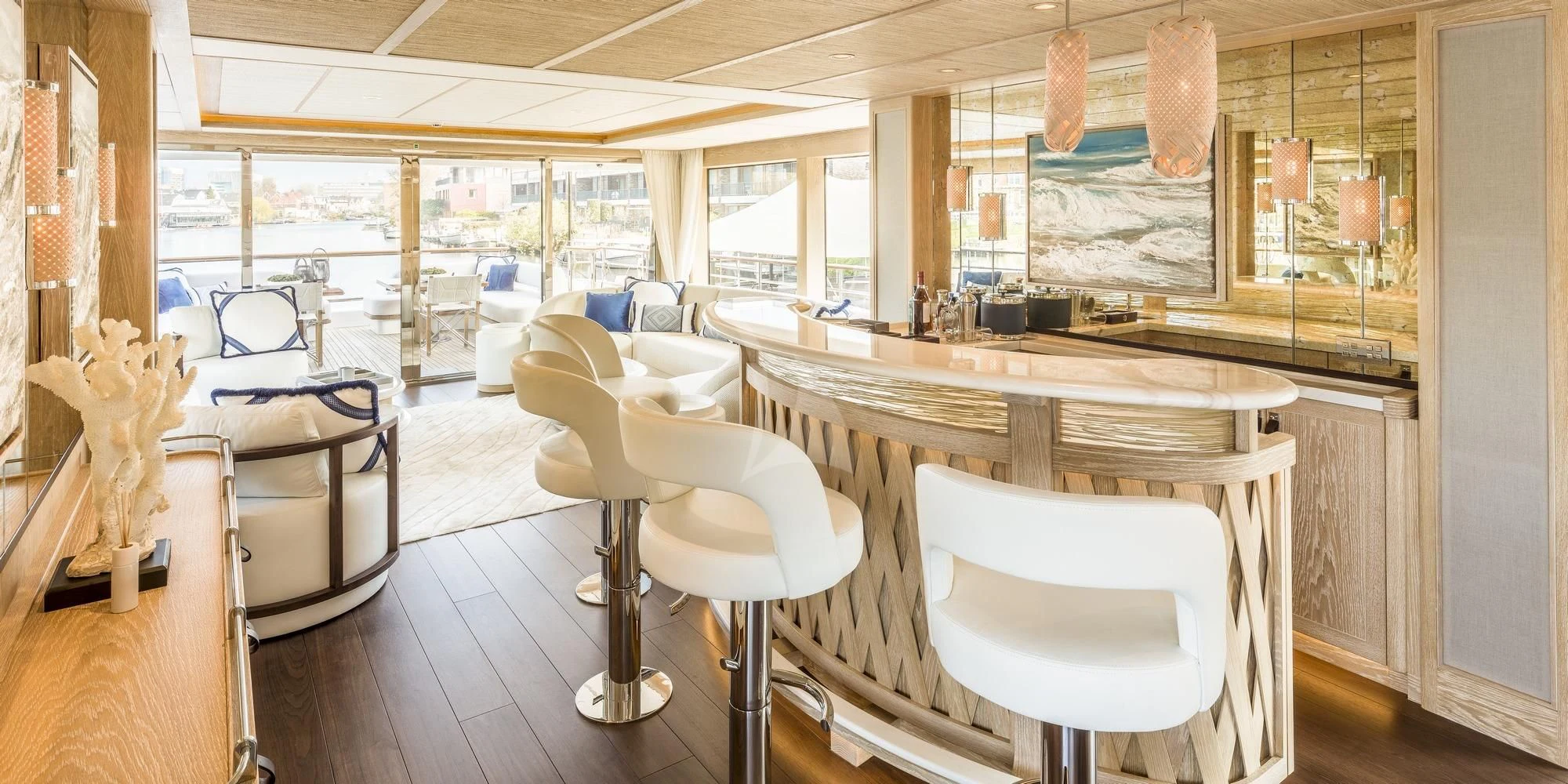 a room with tables and chairs aboard CALYPSO I Yacht for Charter