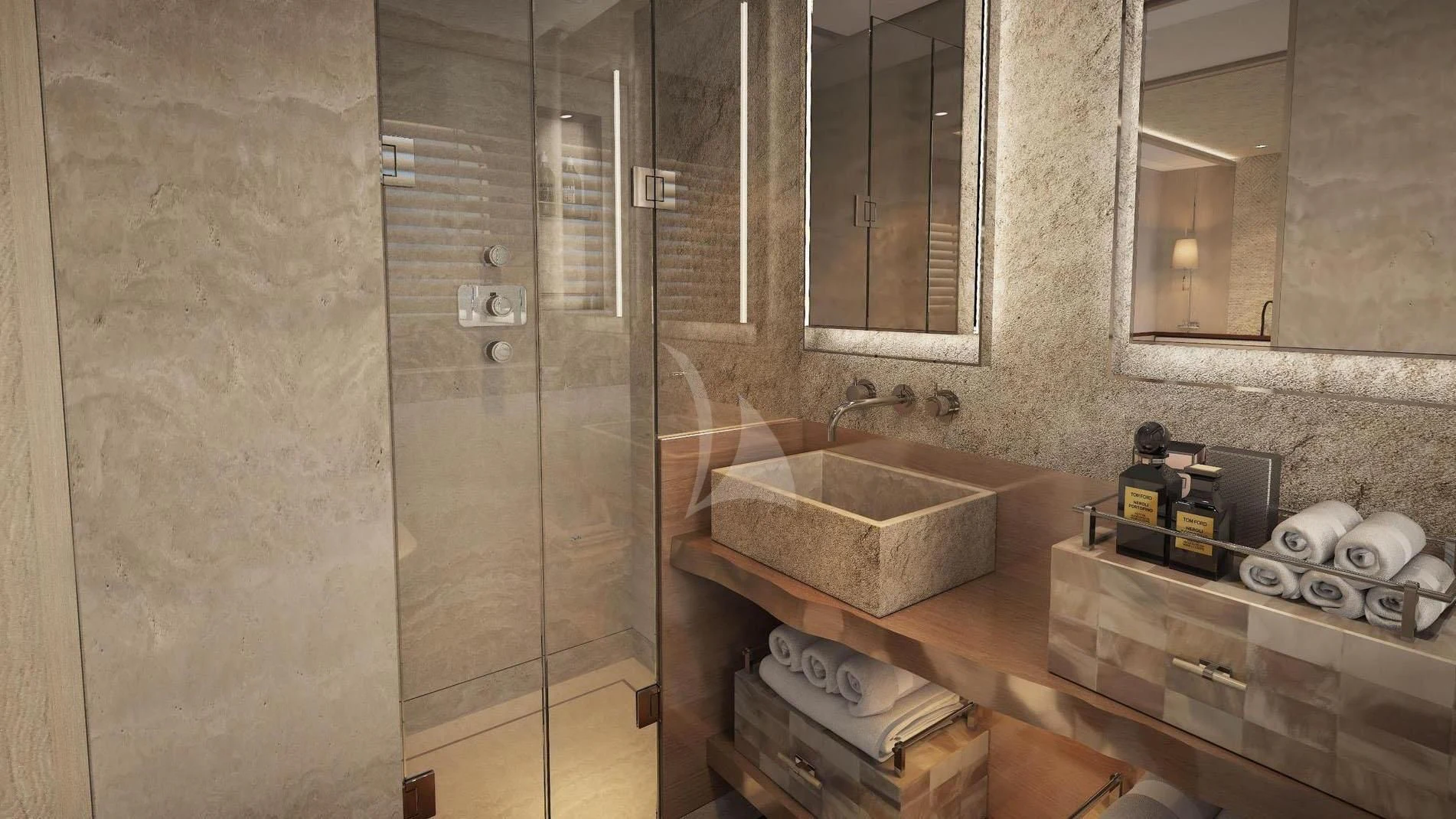 a bathroom with a glass shower aboard CALYPSO I Yacht for Charter