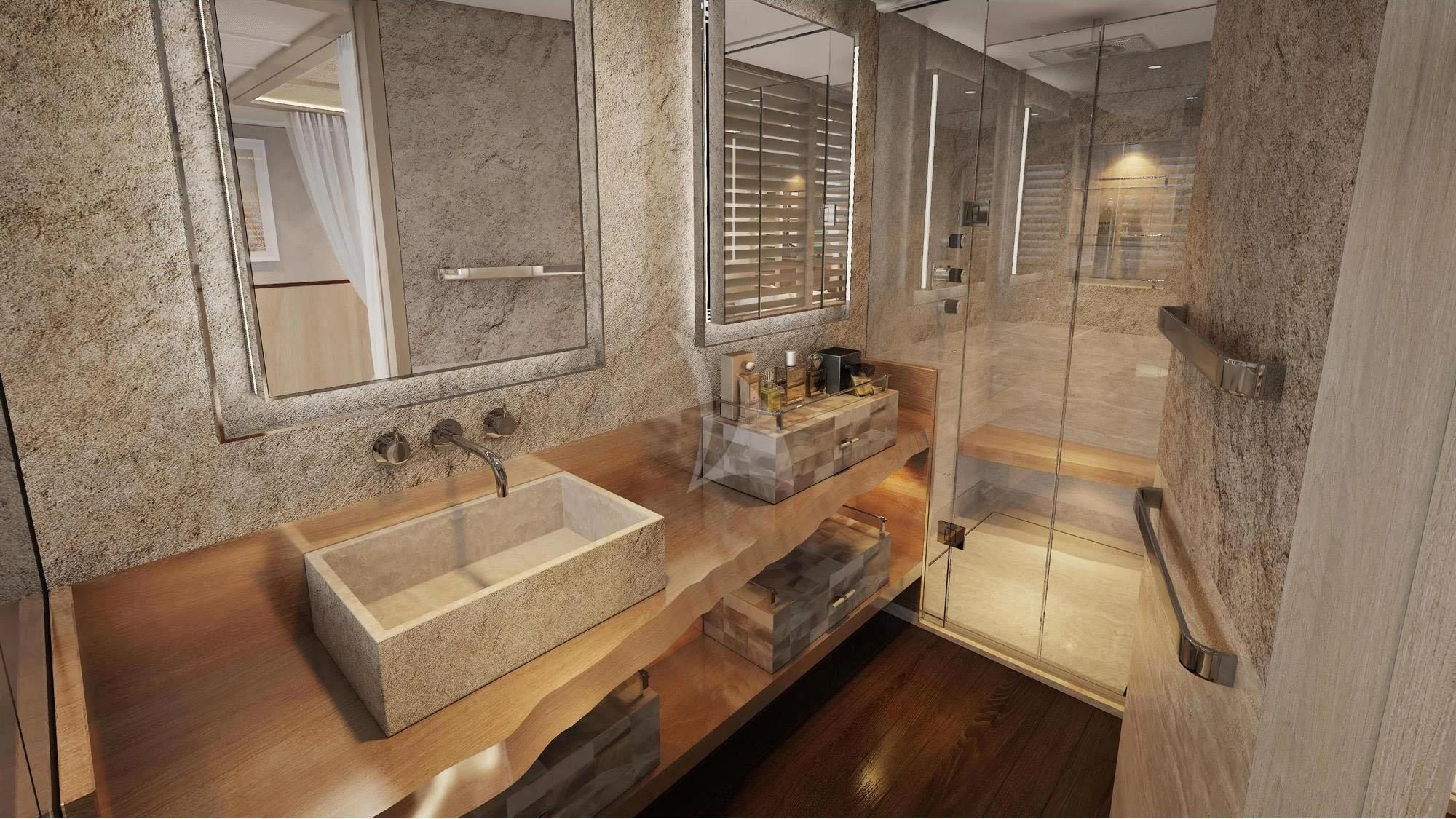 a bathroom with a countertop sink and mirror aboard CALYPSO I Yacht for Charter