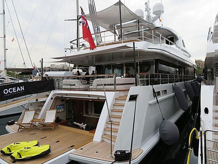 a boat docked at a pier aboard CALYPSO I Yacht for Charter