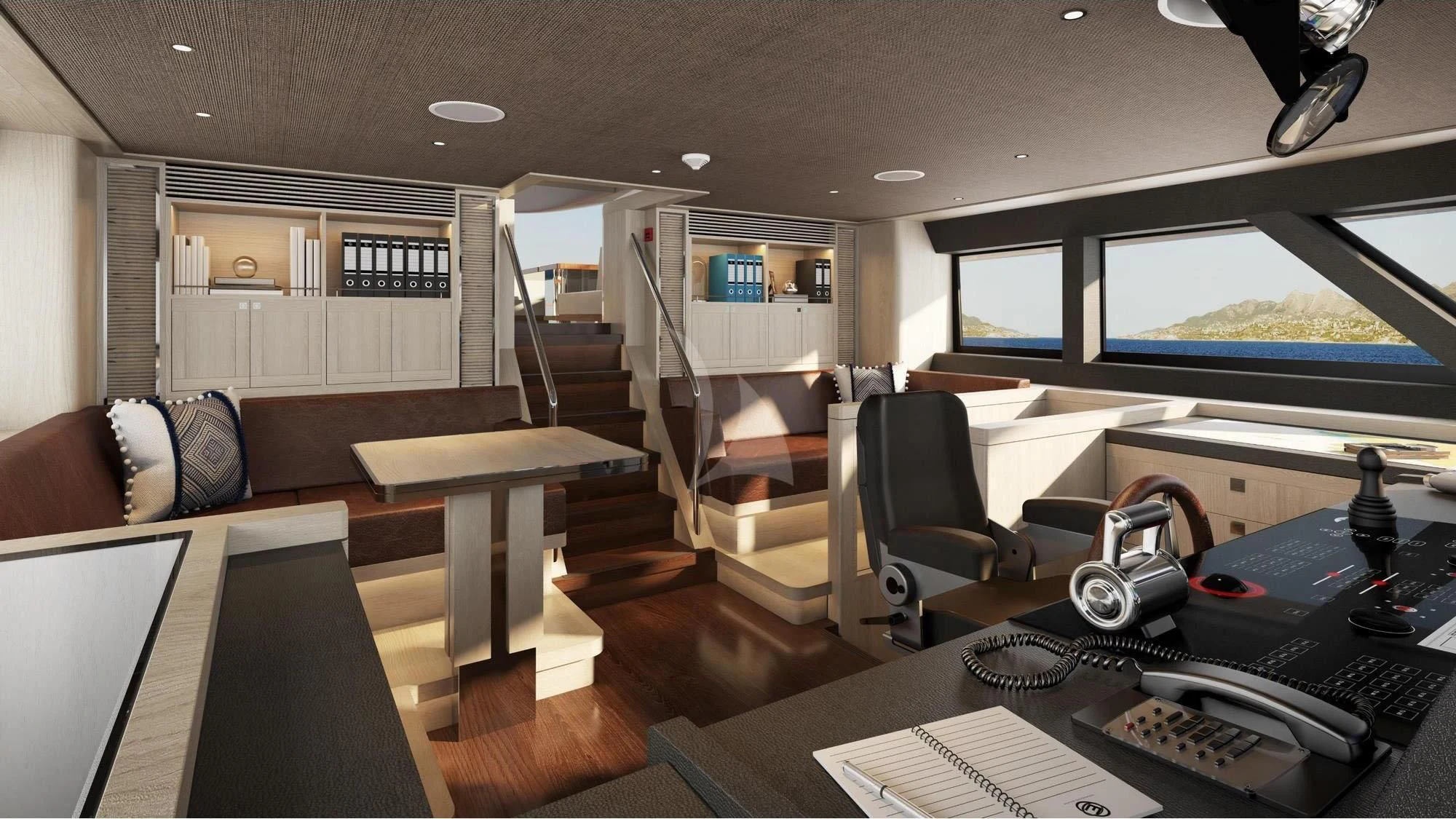 a room with a desk and a tv aboard CALYPSO I Yacht for Charter
