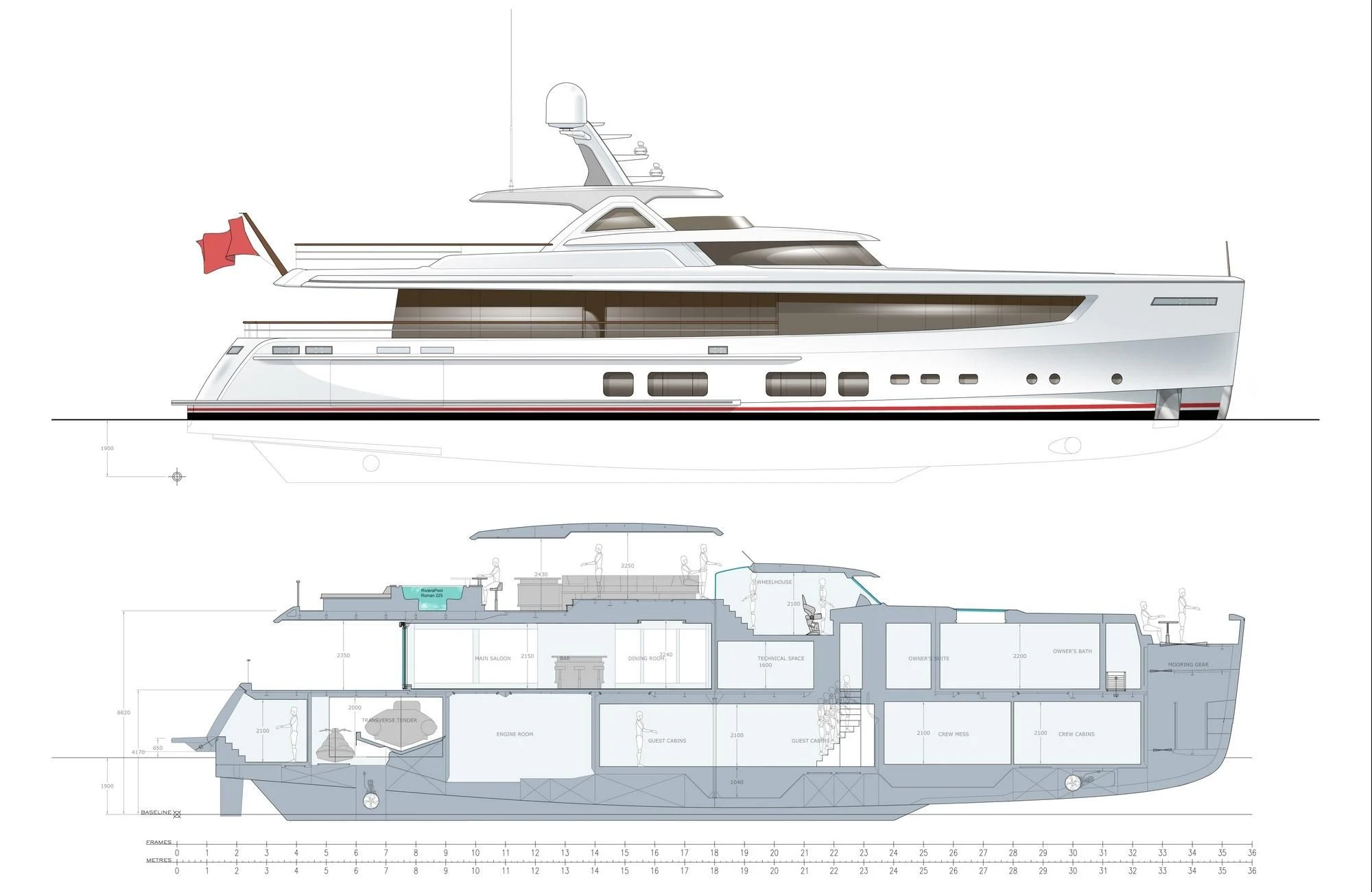 diagram, engineering drawing aboard CALYPSO I Yacht for Charter