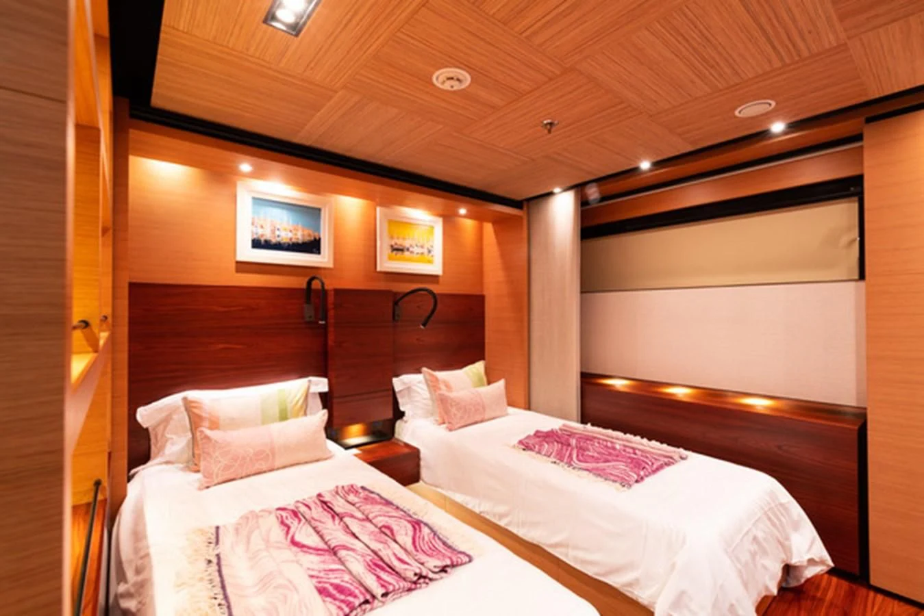 a room with two beds aboard ALI BABA Yacht for Sale