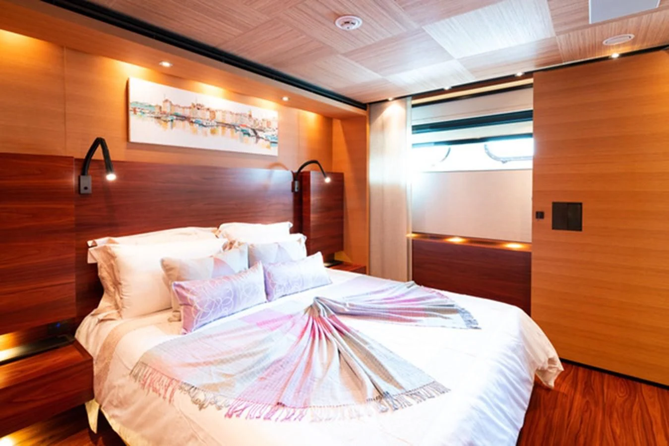 a bed in a room aboard ALI BABA Yacht for Sale