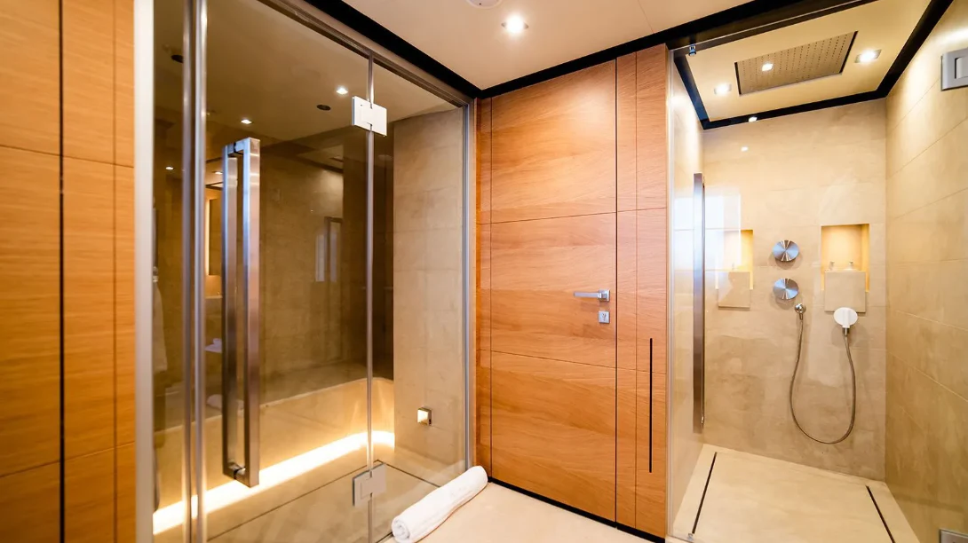 a bathroom with a shower unit aboard ALI BABA Yacht for Sale