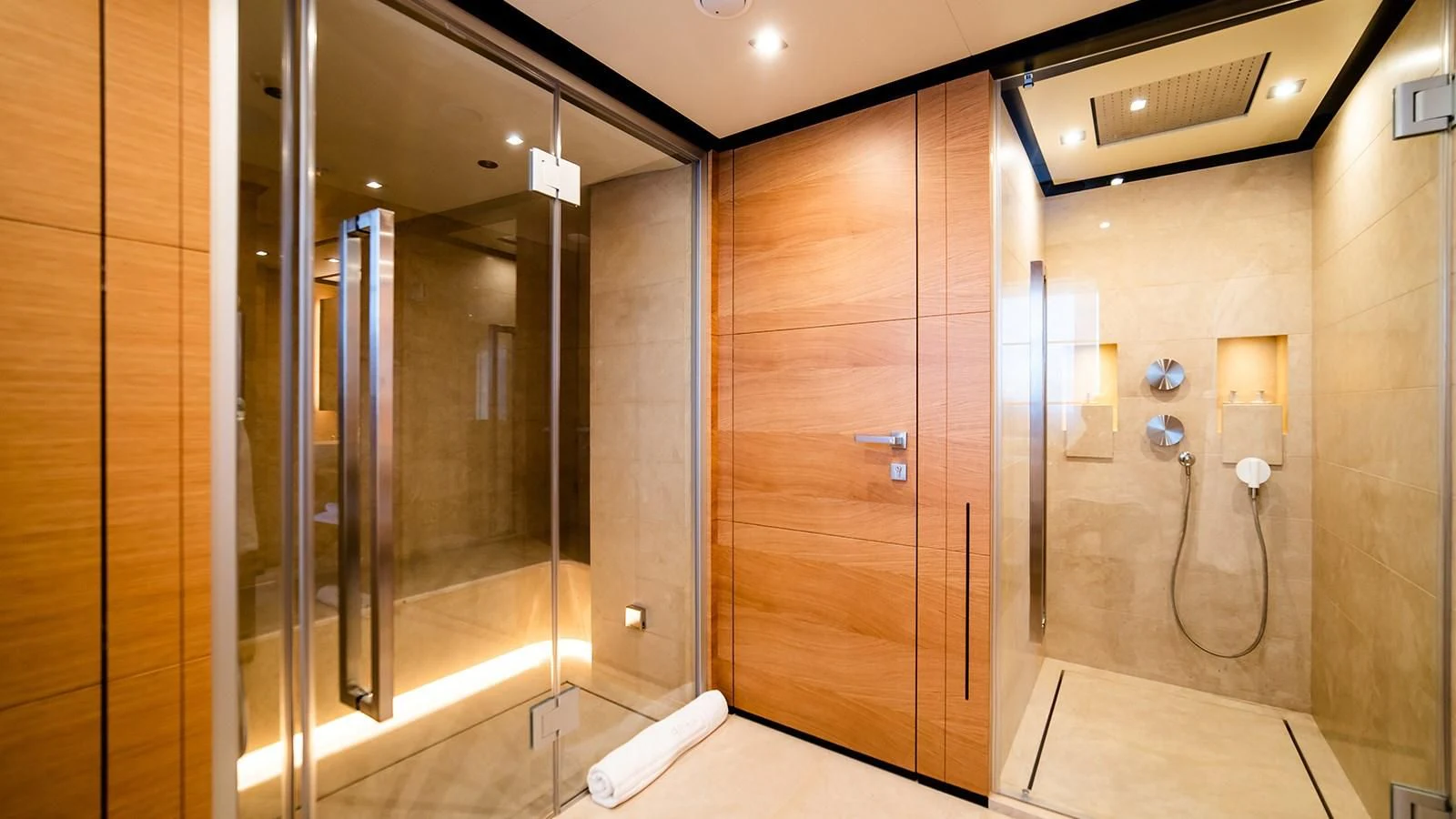 a bathroom with a shower unit and a sink aboard ALI BABA Yacht for Sale