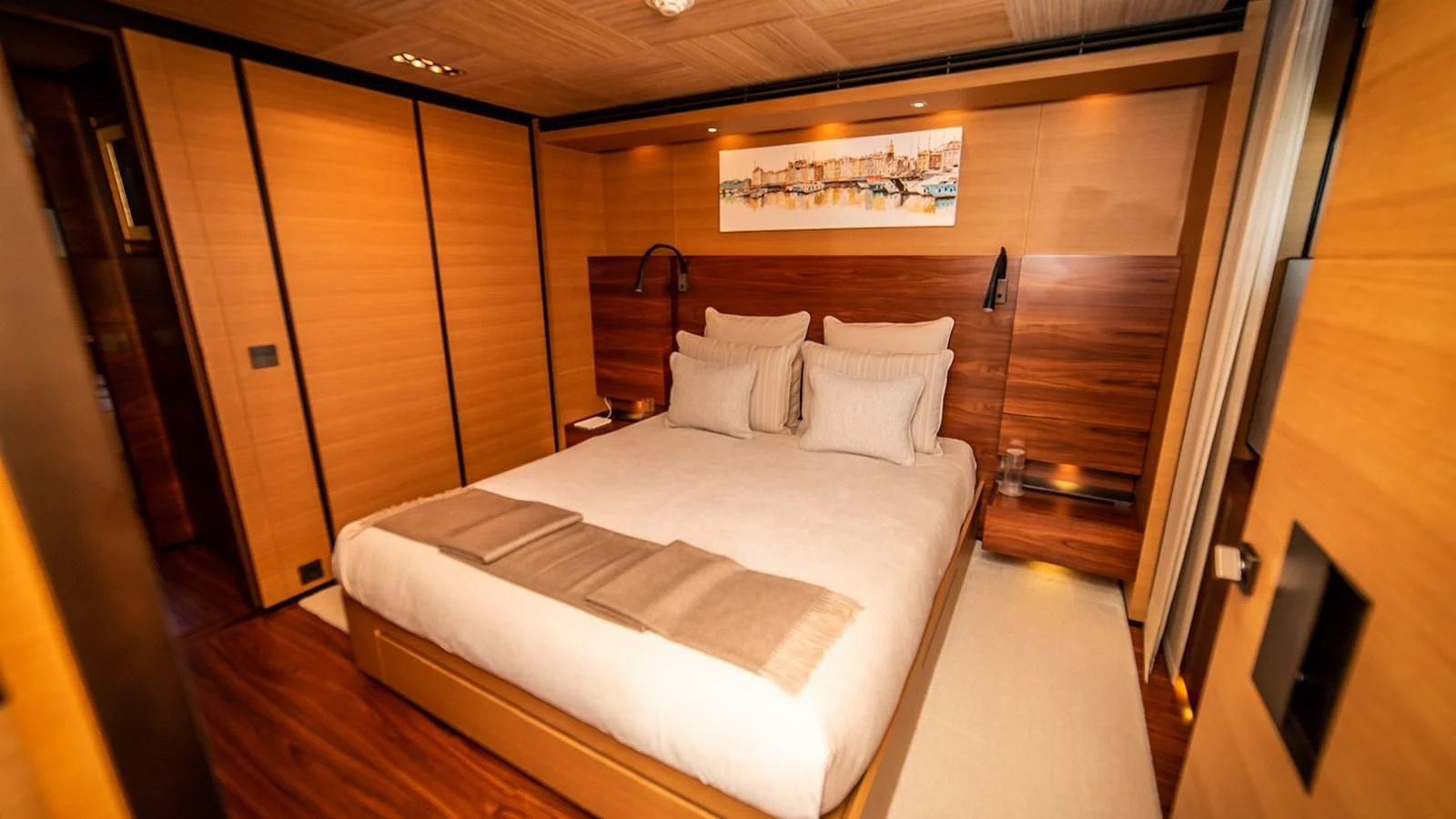 a bed in a room aboard ALI BABA Yacht for Sale