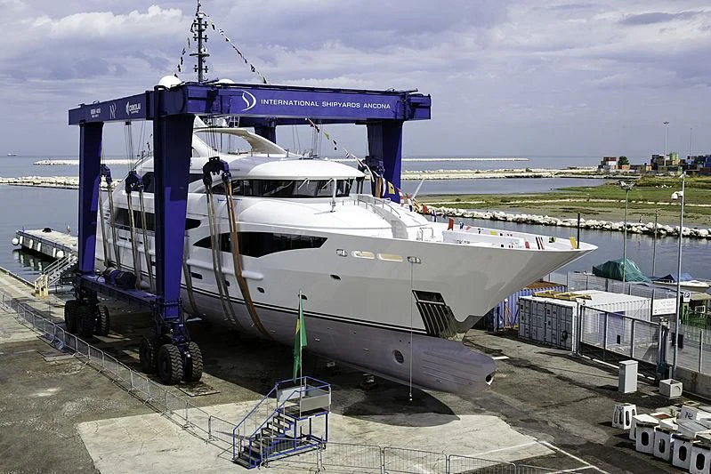 a large boat on a trailer aboard ALI BABA Yacht for Sale