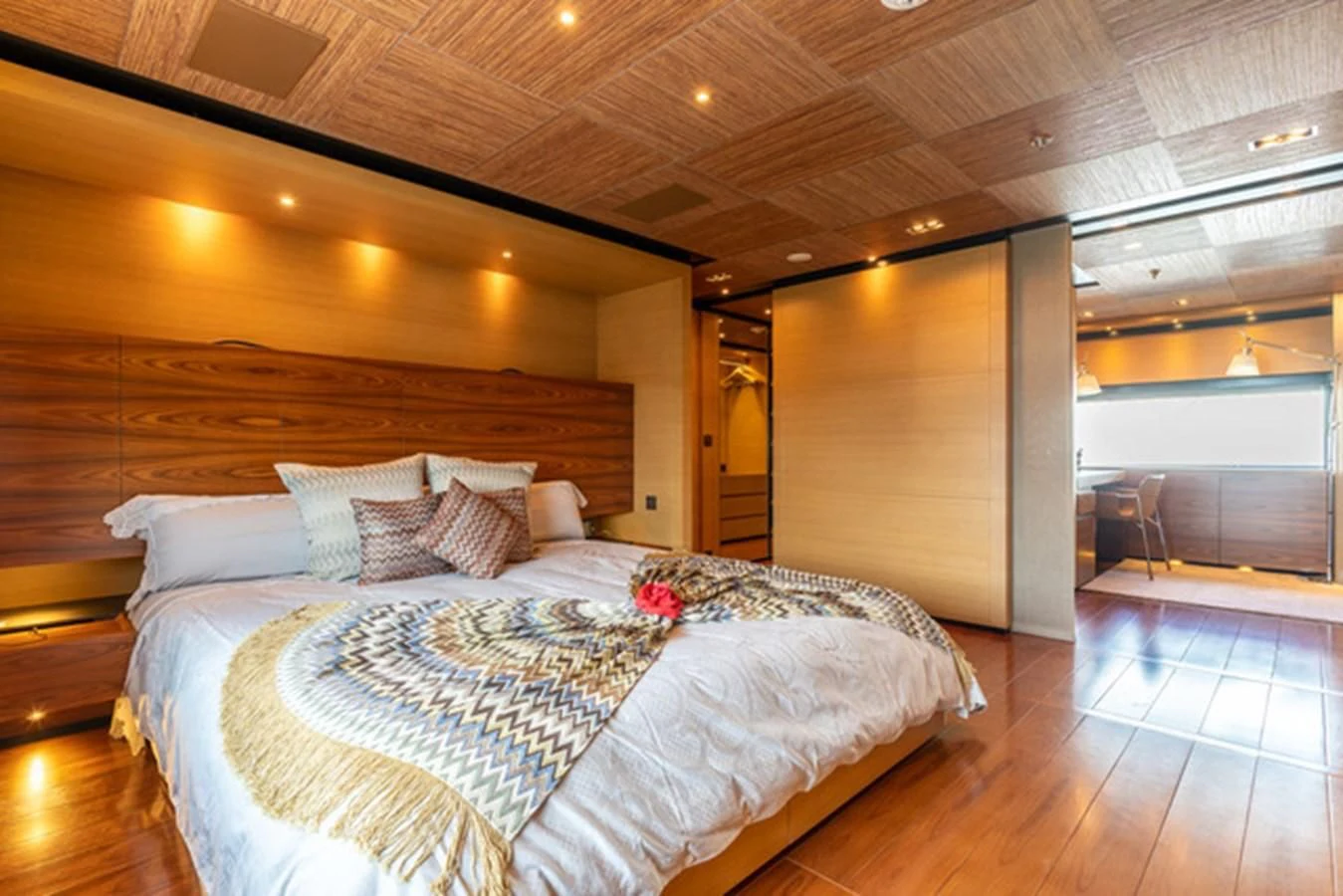 a bed in a room aboard ALI BABA Yacht for Sale