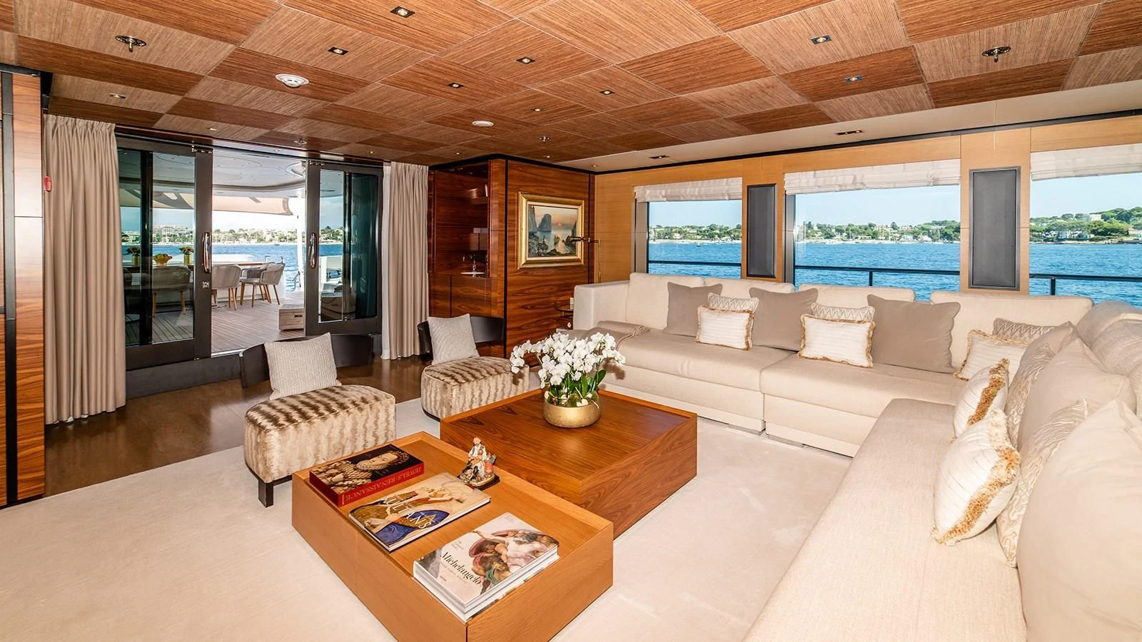 a living room with a large window aboard ALI BABA Yacht for Sale