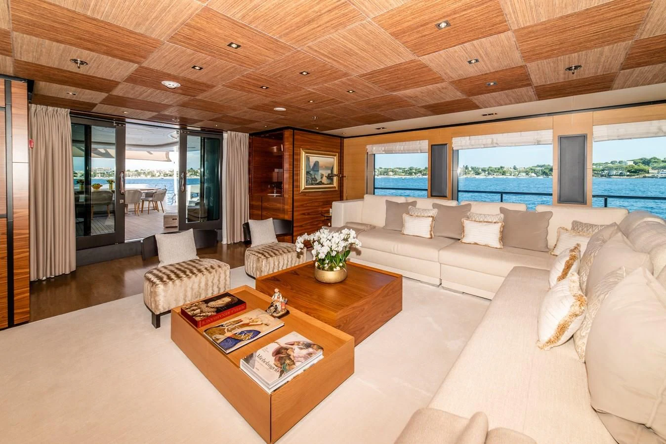 a living room with a large window aboard ALI BABA Yacht for Sale