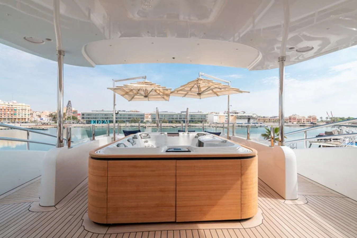 a wooden box on a deck aboard ALI BABA Yacht for Sale