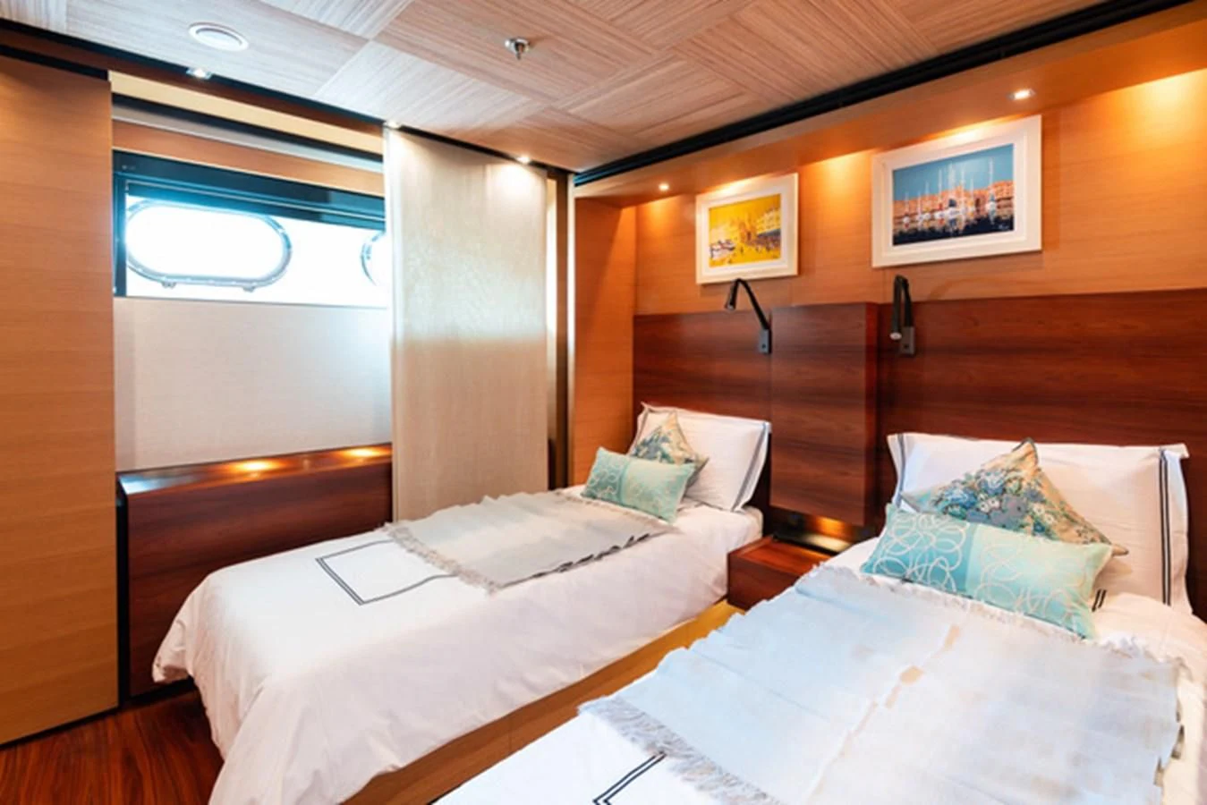 a room with two beds aboard ALI BABA Yacht for Sale
