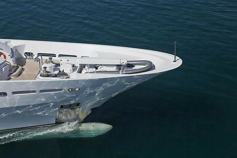 a military ship in the water aboard ALI BABA Yacht for Sale