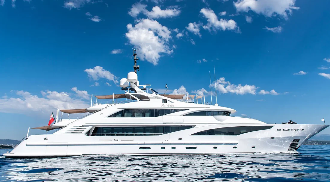a white yacht in the water aboard ALI BABA Yacht for Sale