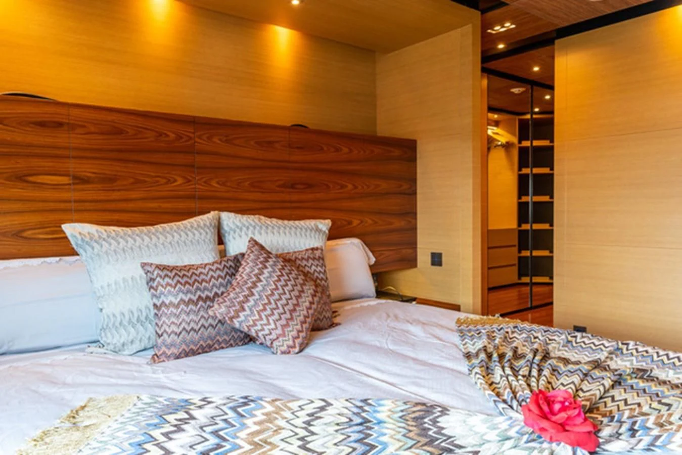 a bed with pillows aboard ALI BABA Yacht for Sale