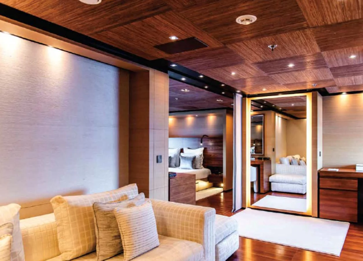 a living room with a wood ceiling aboard ALI BABA Yacht for Sale