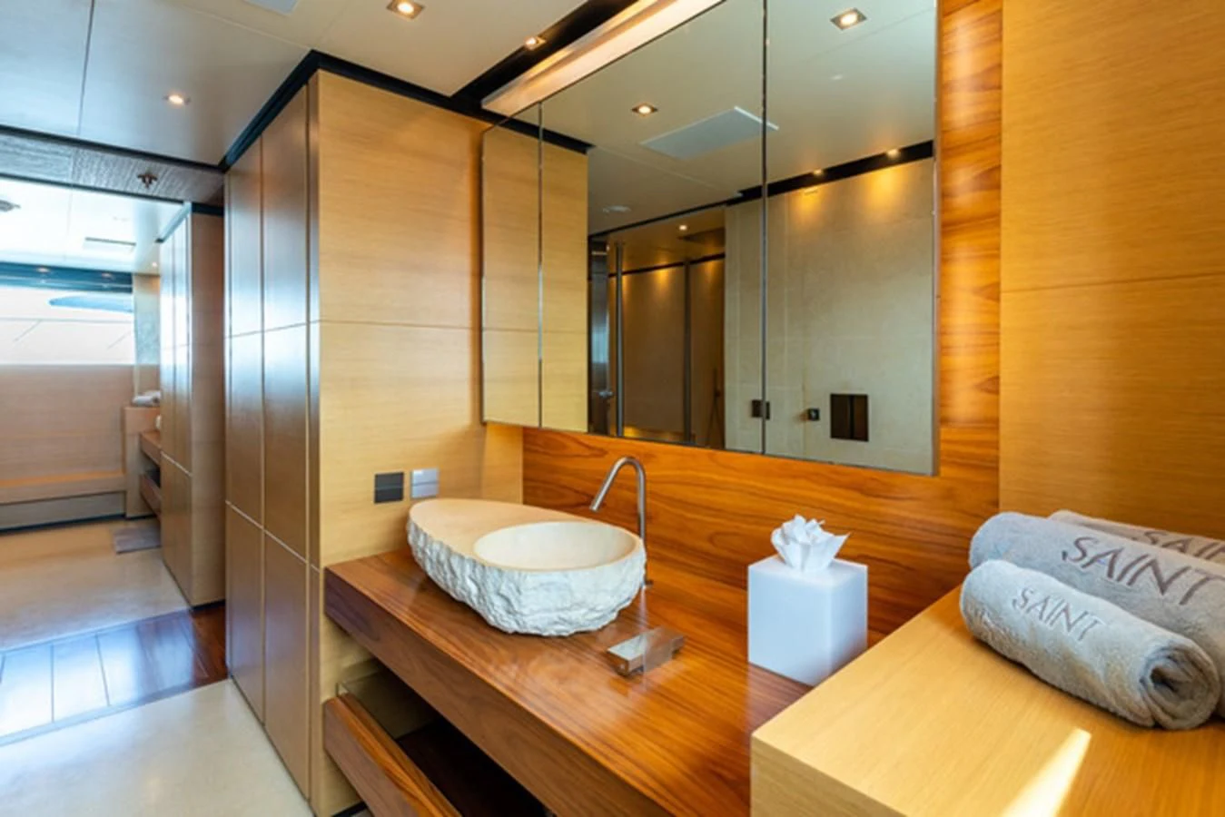 a bathroom with a sink and a mirror aboard ALI BABA Yacht for Sale