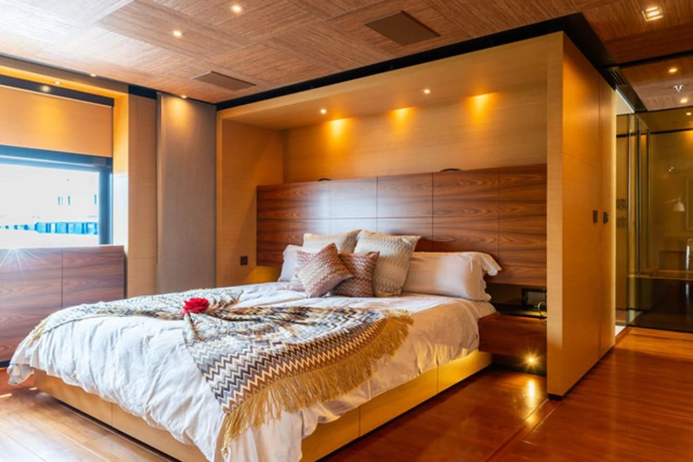 a bed in a room aboard ALI BABA Yacht for Sale