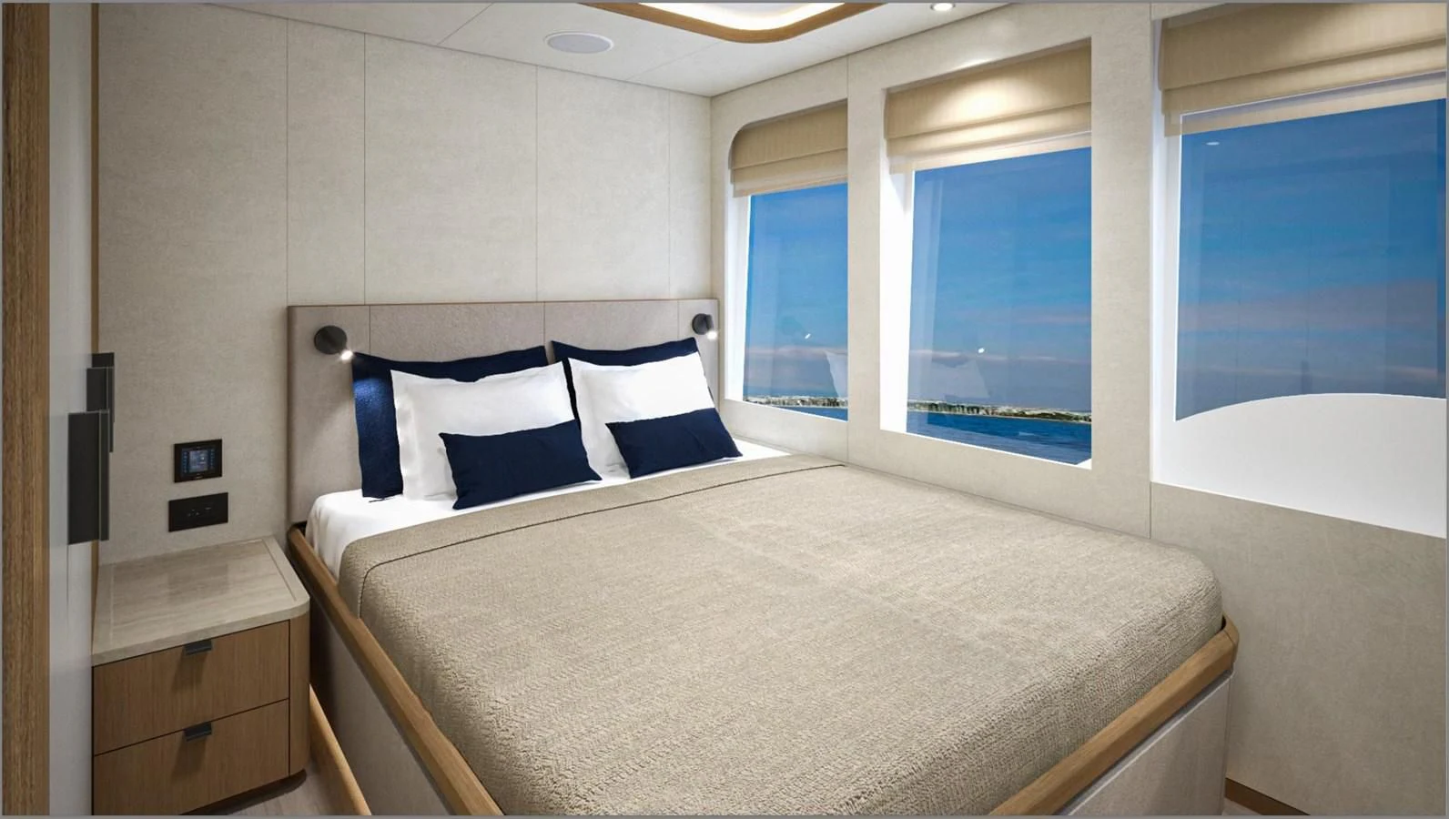 a bed with blue sheets aboard 2024 LAZZARA LPC 300 Yacht for Sale