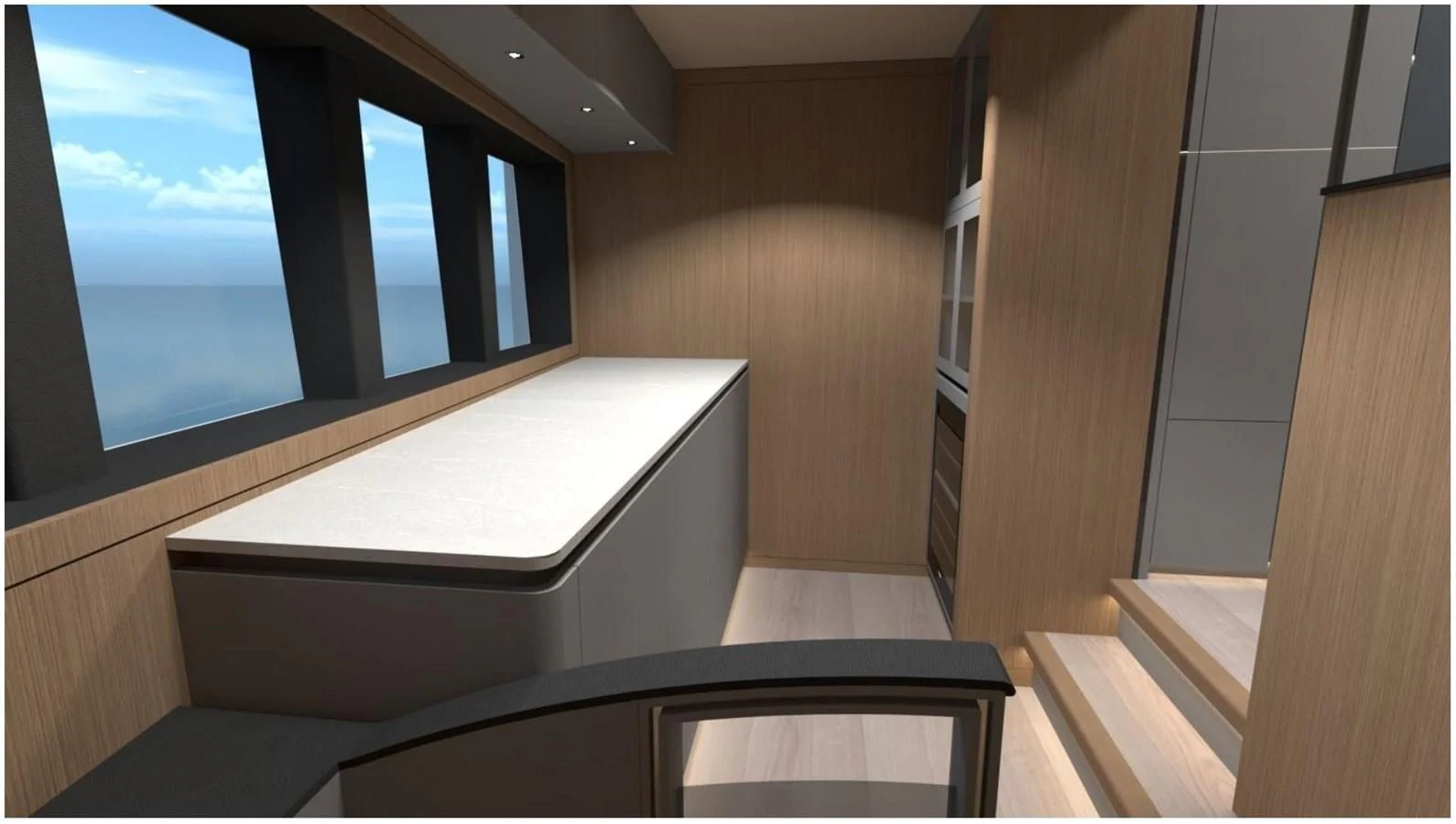 a room with a large window and a view of the ocean aboard 2024 LAZZARA LPC 300 Yacht for Sale