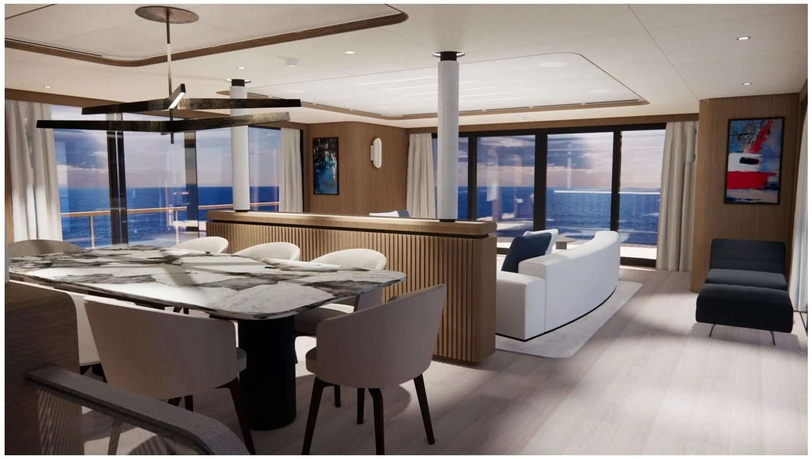 a large room with a table and chairs aboard 2024 LAZZARA LPC 300 Yacht for Sale